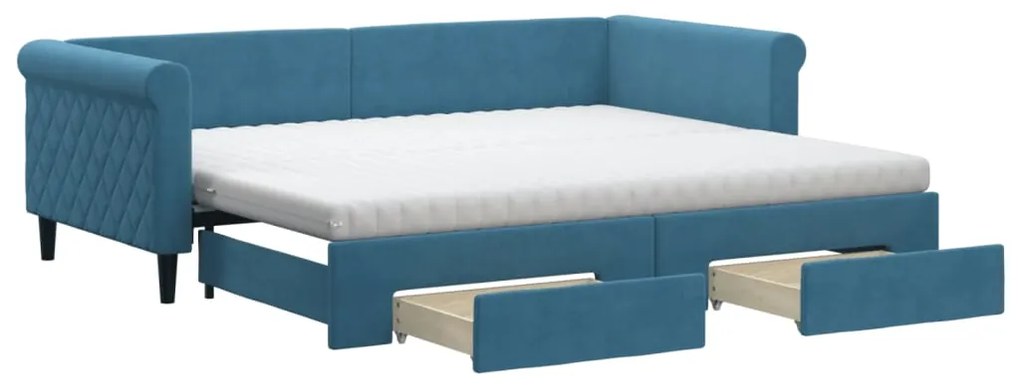 Divano letto estraibile con cassetti blu 90x200 cm in velluto