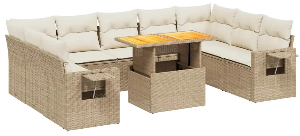 Set divano da giardino 10 pz con cuscini beige in polyrattan
