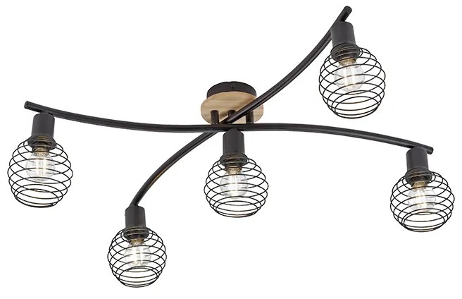 Faretto da soffitto di design nero con legno 5 luci - Winsten