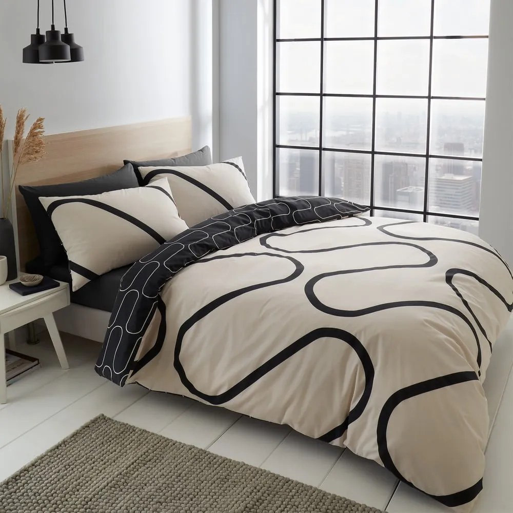 Biancheria da letto nera e beige 200x200 cm Linear Curve - Catherine Lansfield