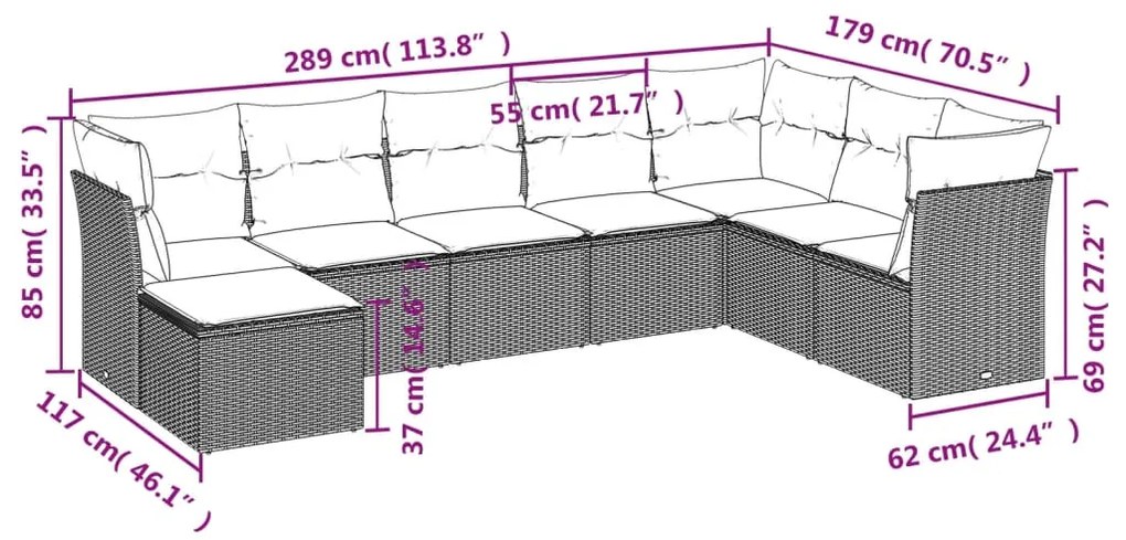 Set divani da giardino con cuscini 8 pz nero in polyrattan