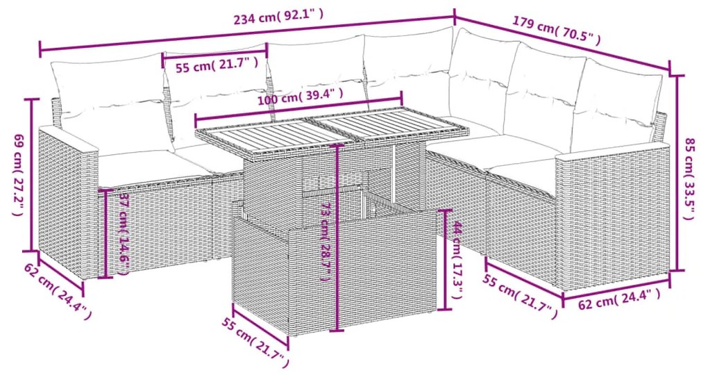 Set divani da giardino con cuscini 7pz nero polyrattan