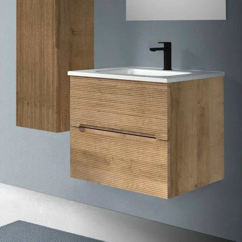 Mobile bagno sospeso 60 rovere cannettato 2 cassetti lavabo e specchio Rigo