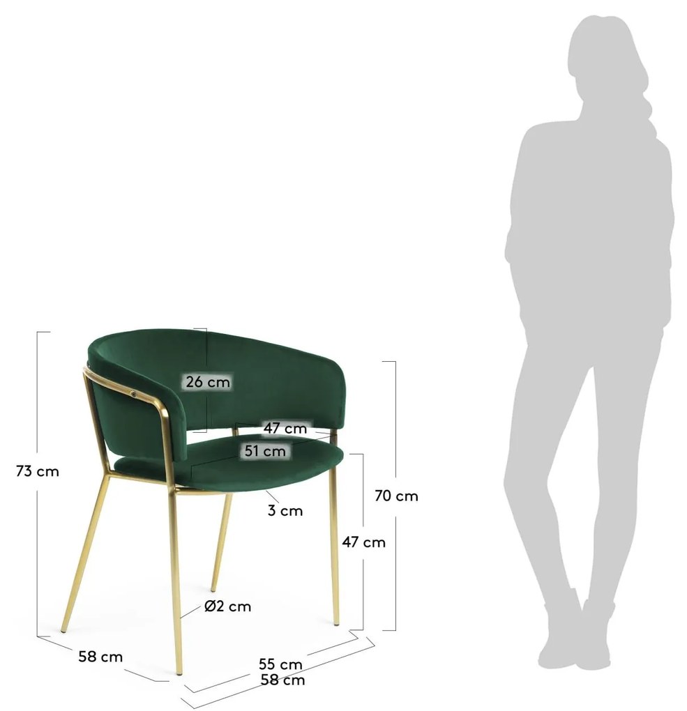 Kave Home - Sedia Runnie in velluto verde con gambe in acciaio verniciate oro