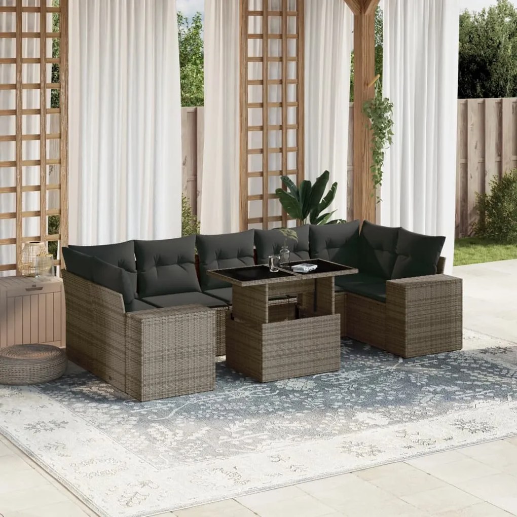 Set divano da giardino 8 pz con cuscini grigio in polyrattan