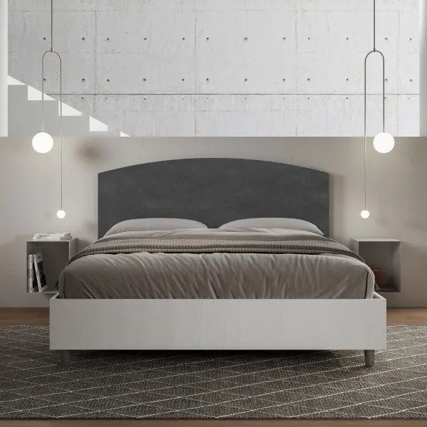 Letto contenitore da 160x190 in legno bianco e testata in microfibra grigio Antilia