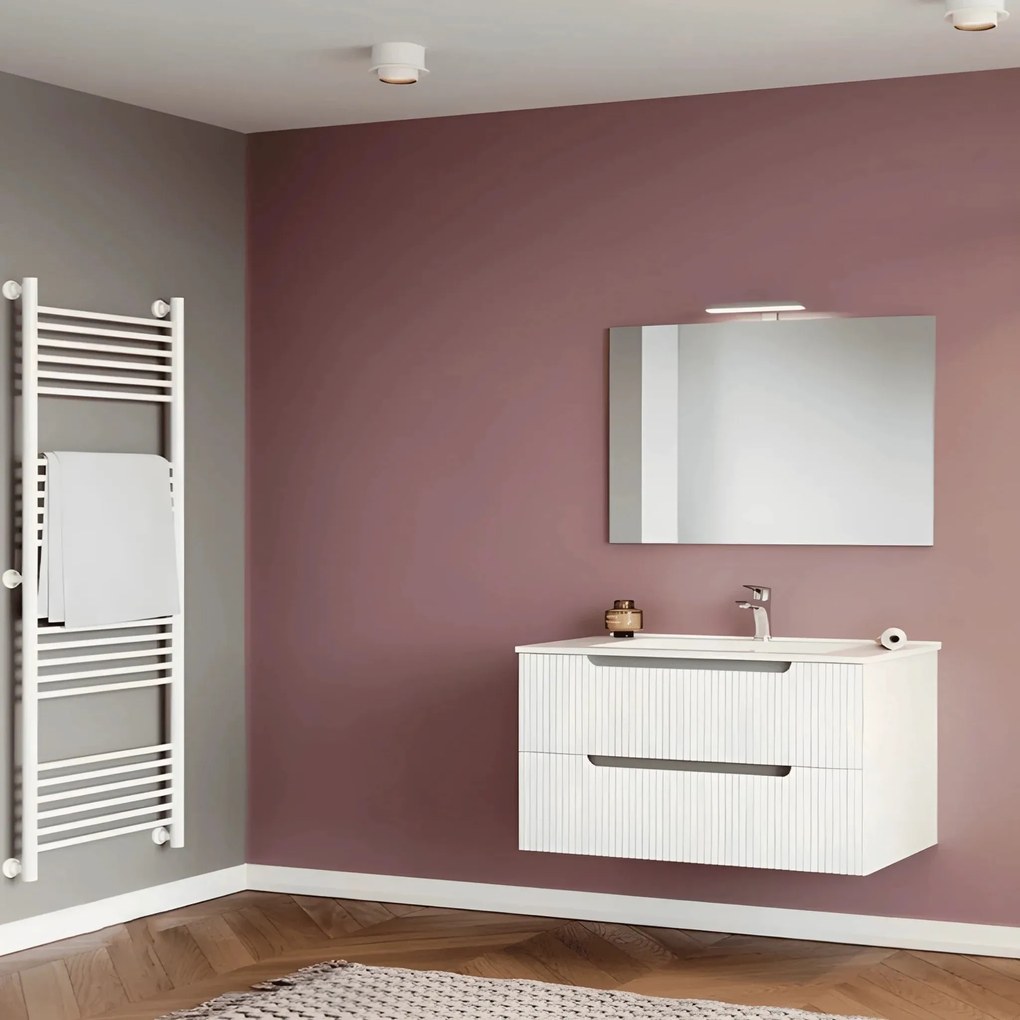 Mobile Bagno Sospeso Cannettato 80 Cm Due Cassetti Specchio Con Illuminazione Led Savini Due "Ibiza" Bianco Lucido