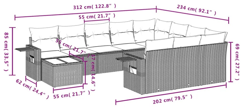 Set divani da giardino 11 pz con cuscini in polyrattan nero