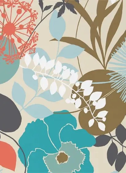 Florale Tapete Doyenne von Harlequin - Sky/ Olive/ Coral