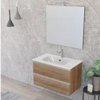 Composizione bagno sospesa Nexu 2 cassetti con lavabo specchio con lampada LED 80x50 cm rovere naturale