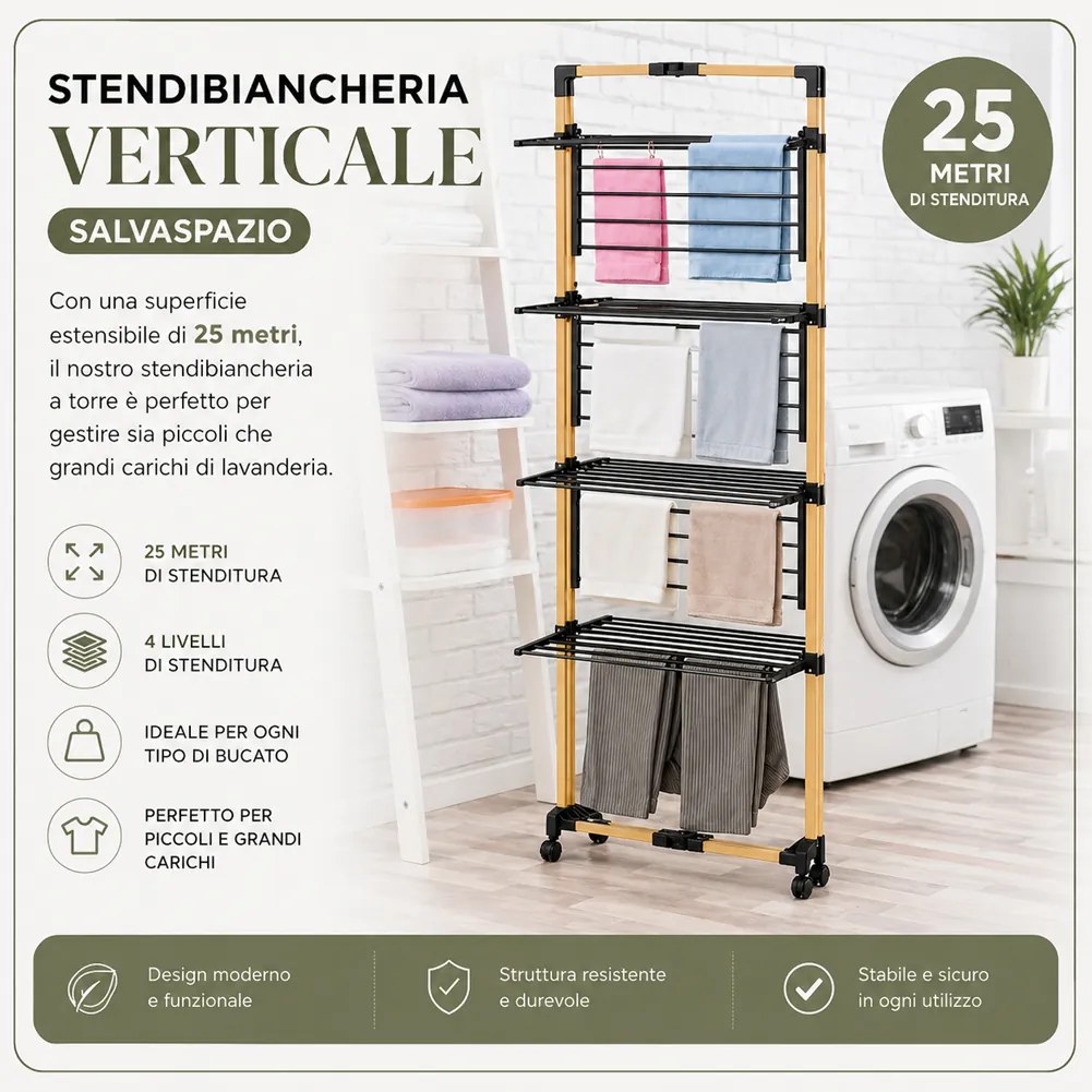 Stendibiancheria a Torre Verticale a 4 Livelli 69x69x175 cm Pieghevole con Ruote Nero e Legno...