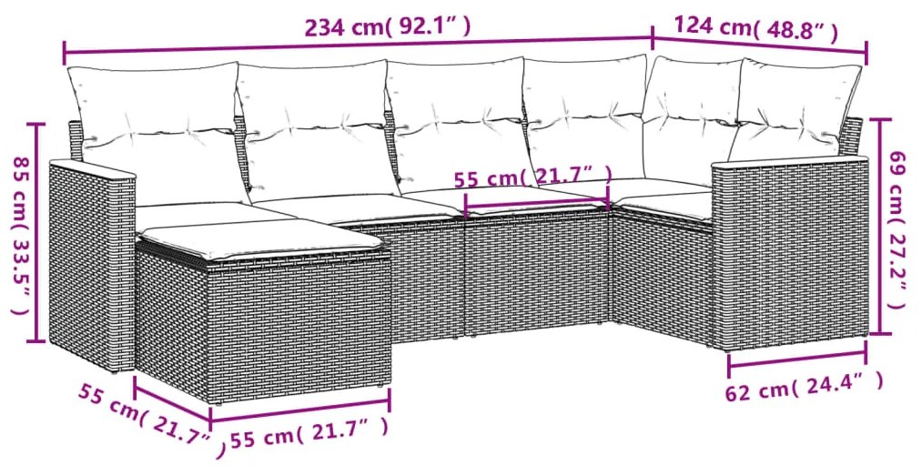 Set divano da giardino 6 pz con cuscini grigio in polyrattan