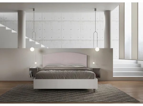 Letto contenitore da 160x200 in legno bianco e testata in microfibra glicine Antilia