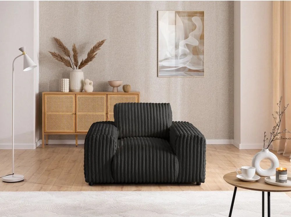 Poltrona grigio scuro con rivestimento in velluto a coste Justin – Ropez