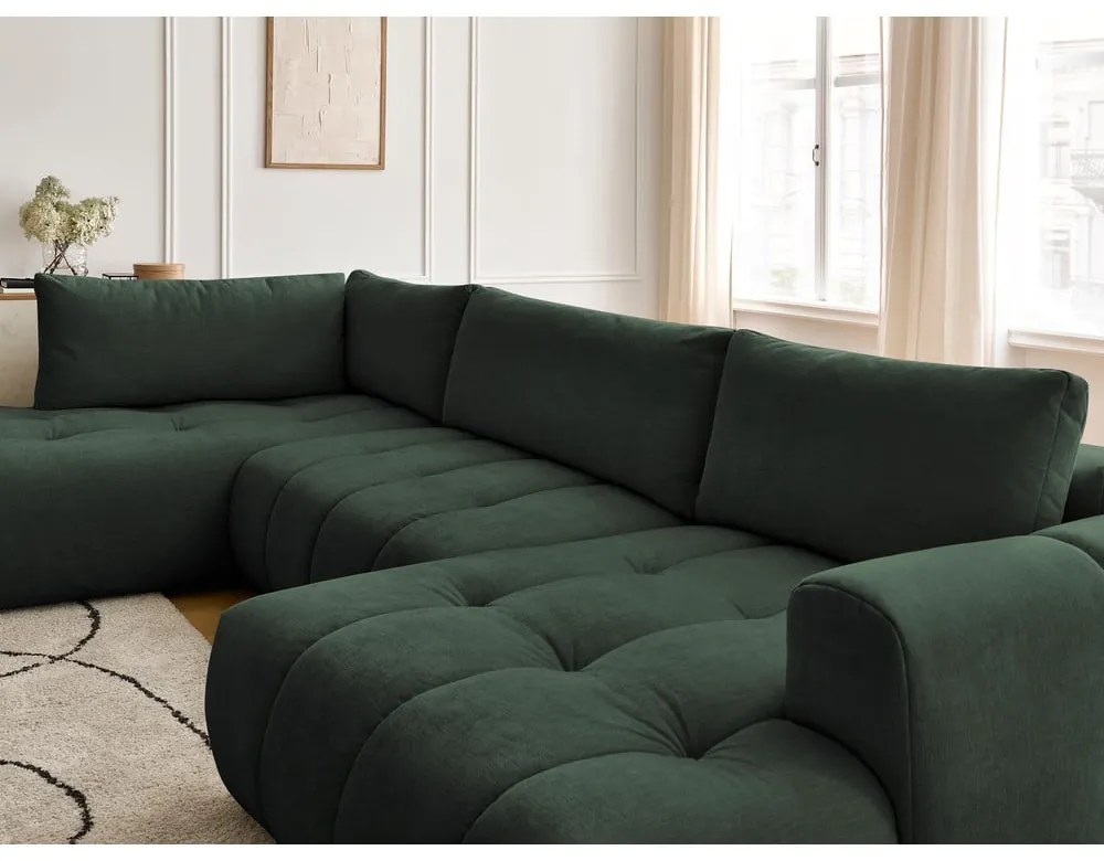 Divano angolare verde allungabile e con contenitore (penisola a sinistra/a U) con rivestimento in ciniglia Fuji – Bobochic Paris