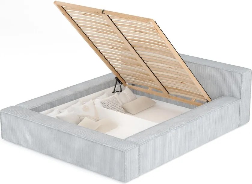 Letto matrimoniale imbottito grigio chiaro con contenitore e rete inclusi 140x200 cm Voliera – Maison de Rêve