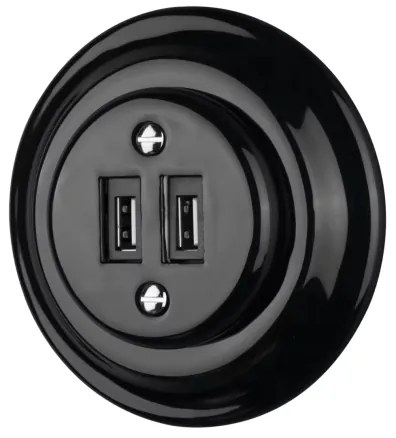 Bohemia-Design - Porcellana retrò, presa di alimentazione USB senza cornice, 2x USB-A, nera