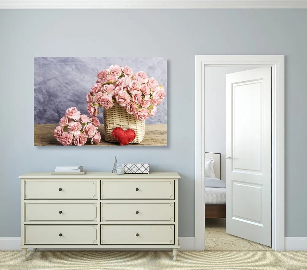 Quadro su tela – Bouquet di garofani rosa in cesto