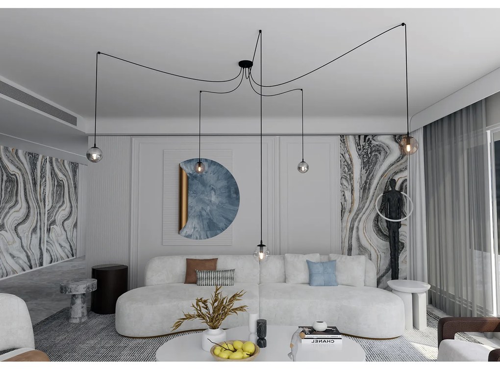 Lampadario 5 Luci Ginevra In Acciaio Nero Con Cavo Lungo E Vetri Multicolor