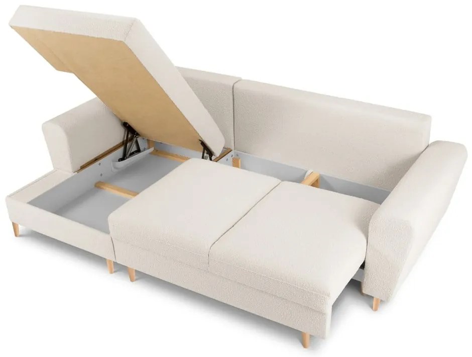 Divano angolare beige allungabile e con contenitore (con penisola a sinistra/con chaise lounge) con rivestimento in bouclé Kyoto – Cosmopolitan Design