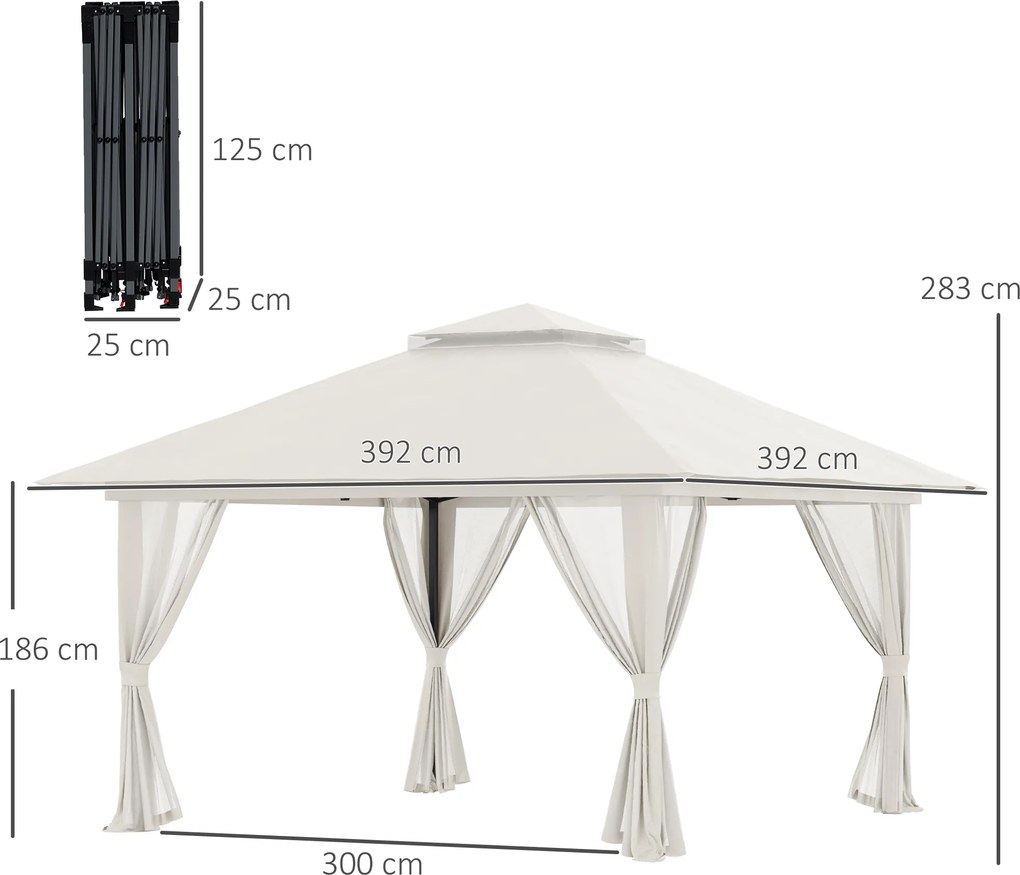 Gazebo Pieghevole 4x4 m ad Altezza Regolabile con Zanzariera e Borsa in Metallo e Tessuto Oxford Crema...