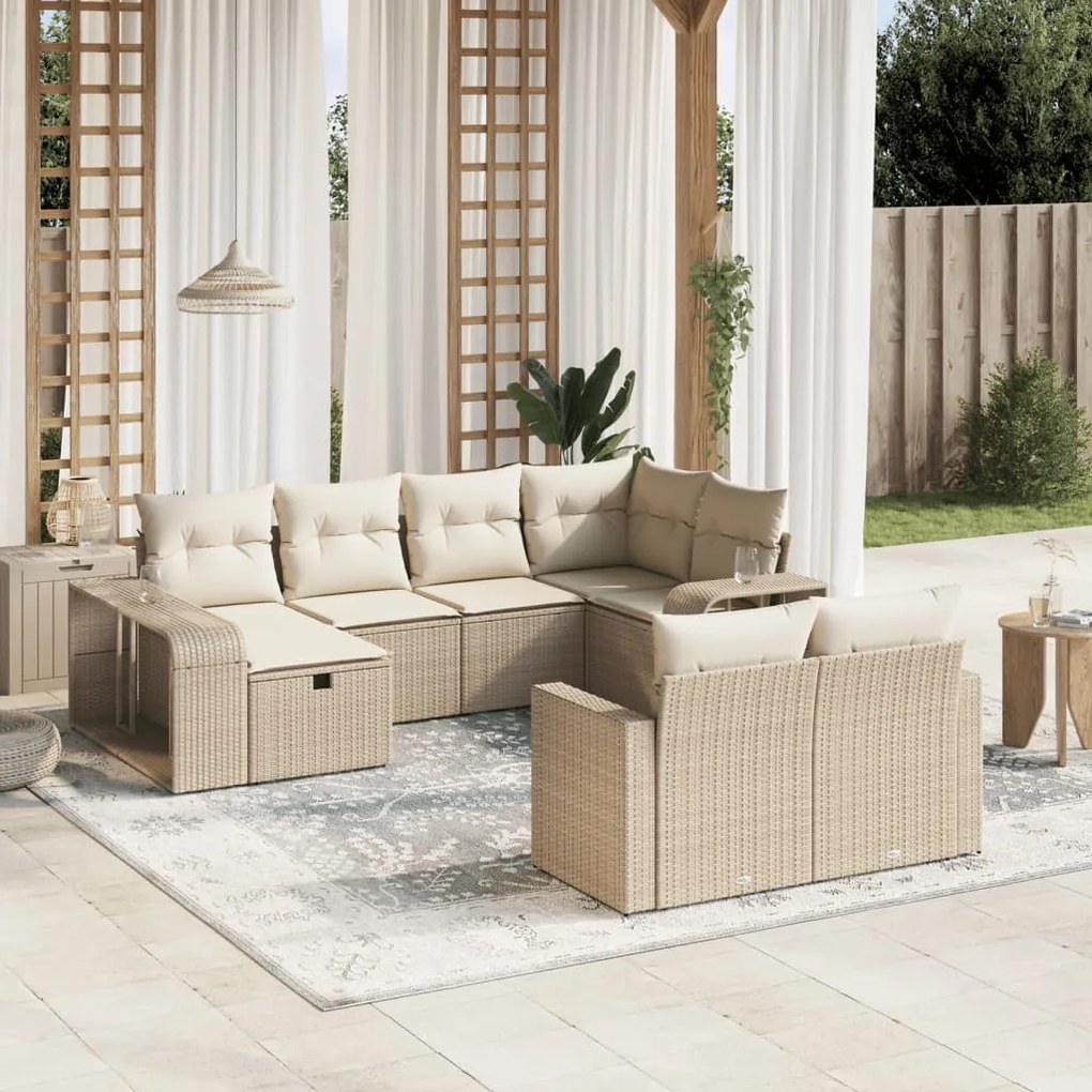 Set divano da giardino 10 pz con cuscini beige in polyrattan