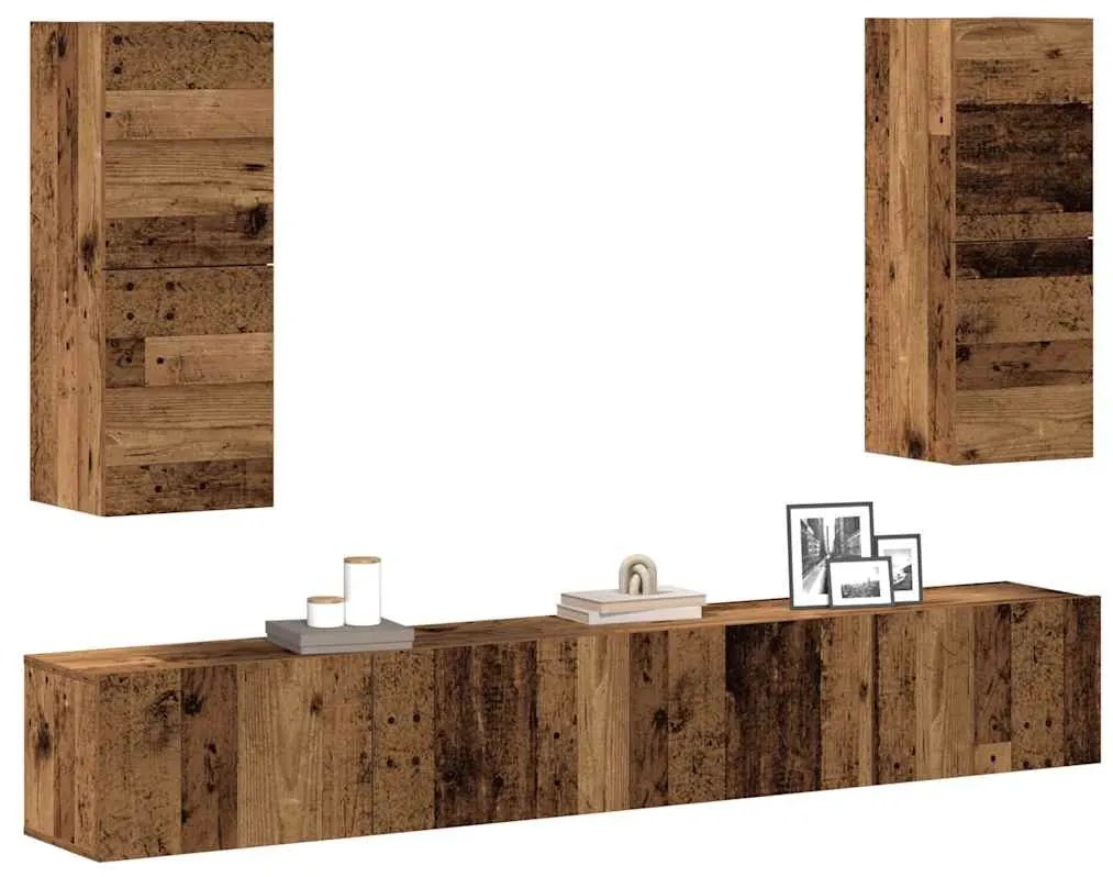 Set Mobile Tv 4 Pz Montato A Parete Legno Antico İn Truciolato /