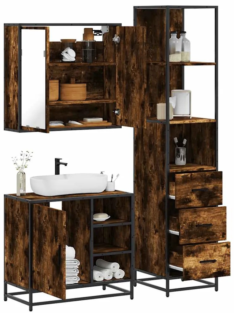 Set Mobili Da Bagno 3 Pz Rovere Fumo İn Legno Multistrato /