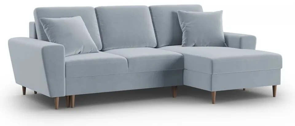 Divano angolare azzurro allungabile e con contenitore (con penisola a destra/con chaise lounge) con rivestimento in velluto Kyoto – Cosmopolitan Design