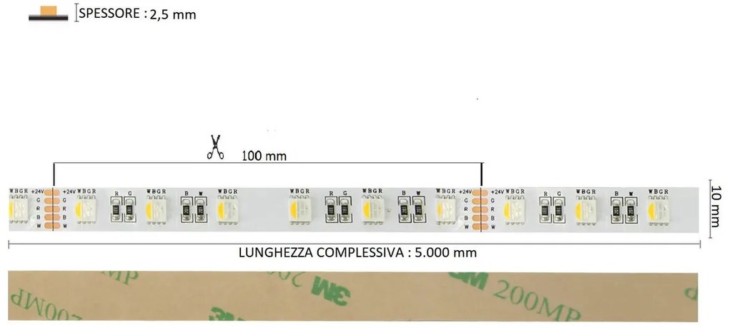 Striscia LED Professional - RGBW Natural White  - IP20 - 18W/m - 5m - 24V Colore RGBW