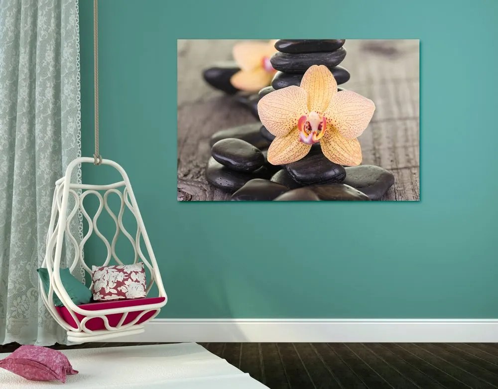 Quadro su tela – Orchidea gialla e pietre Zen