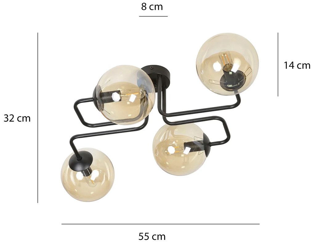 Plafoniera 4 Luci Brandi In Acciaio Nero E Sfere In Vetro Ambra