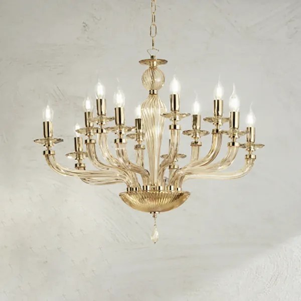 Lampadario a sospensione D82 cm VILLA a 8 luci in vetro lavorato a mano AMBRA