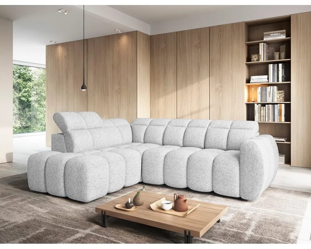 Divano angolare grigio chiaro allungabile/con contenitore (con penisola a sinistra/a L) e rivestimento in bouclé Falconn – ELTAP