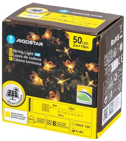 Aigostar - Catena luminosa decorativa solare a LED 50 LED/8 funzioni 10 m 800 mAh IP65 bianco caldo