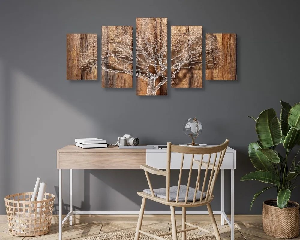 Quadri 5 pezzi – Albero con imitazione di sfondo in legno