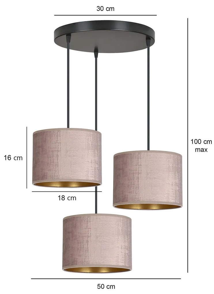 Lampadario Tondo 3 Luci Ganesha In Acciaio Nero E Paralumi In Tessuto Rosa