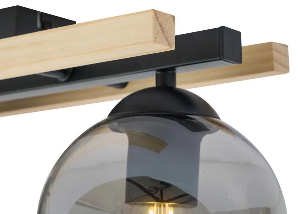 Plafoniera moderna nera con legno e vetro fumé 3 luci - Aleks