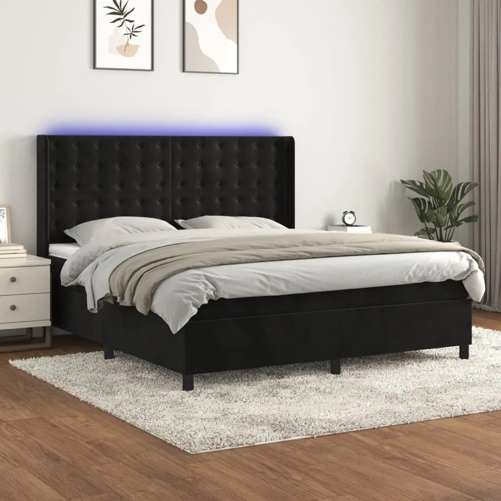 Letto A Molle Con Materasso E Led Nero 160x200 Cm İn Velluto /
