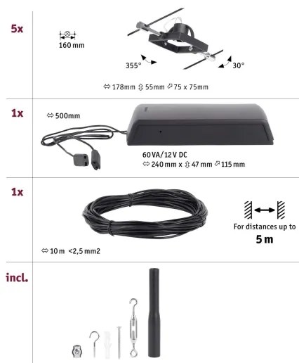 Paulmann 94434 - SET 5xGU5,3/10W Faretto MAC 230V nero