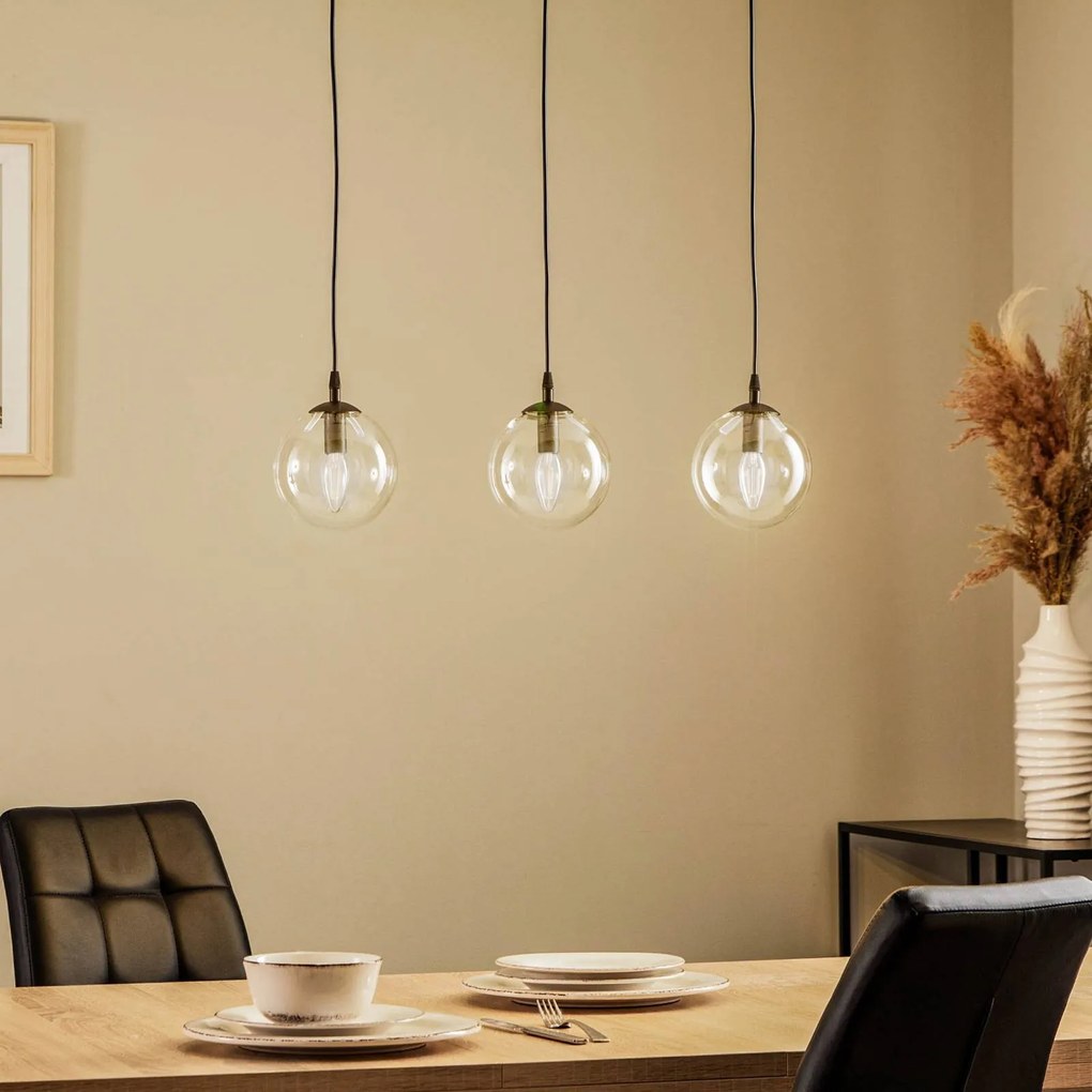 EMIBIG LIGHTING Lampada a sospensione Glassy, a 3 luci, dritta, nera, trasparente, vetro
