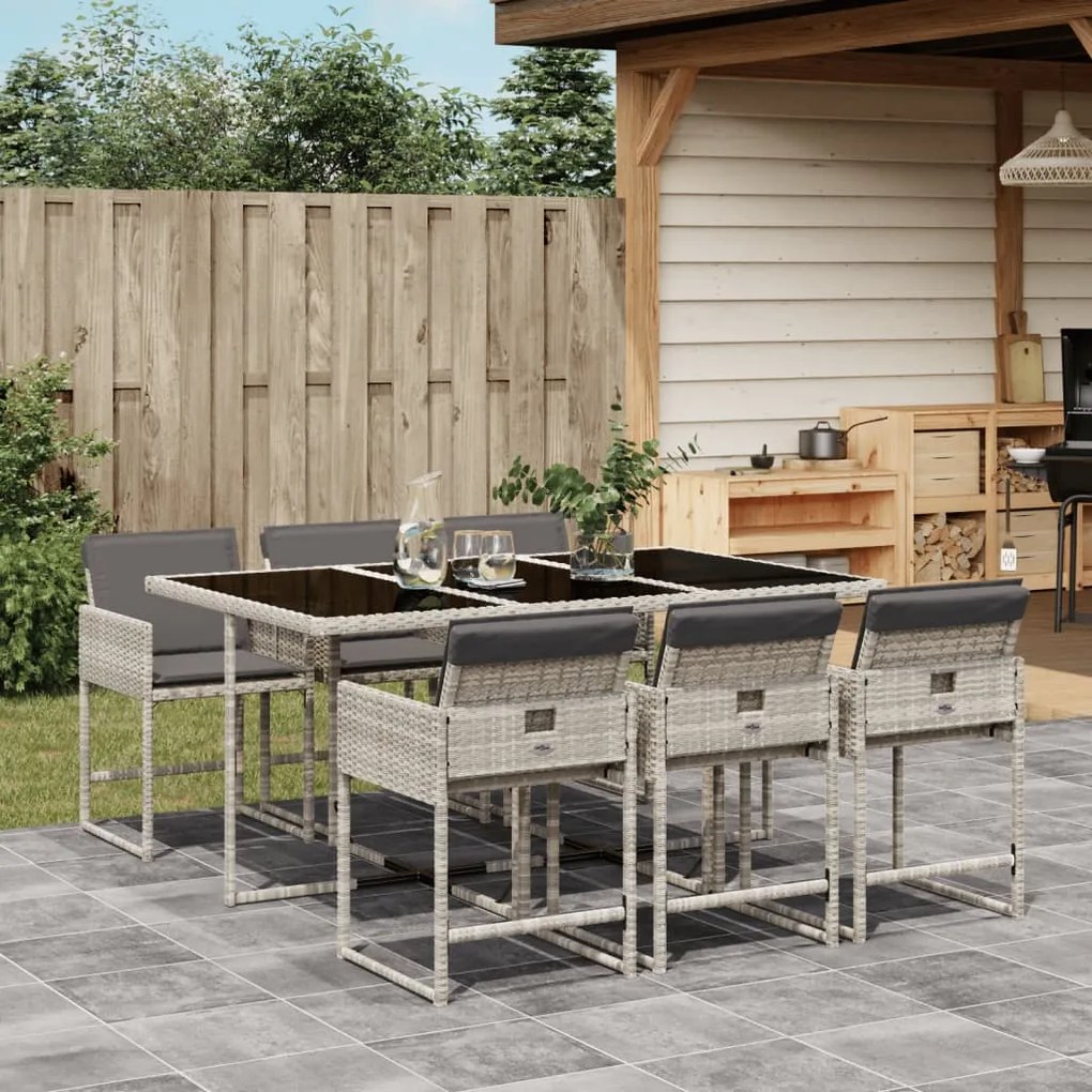 Set da pranzo da giardino 7 pz cuscini polyrattan grigio chiaro