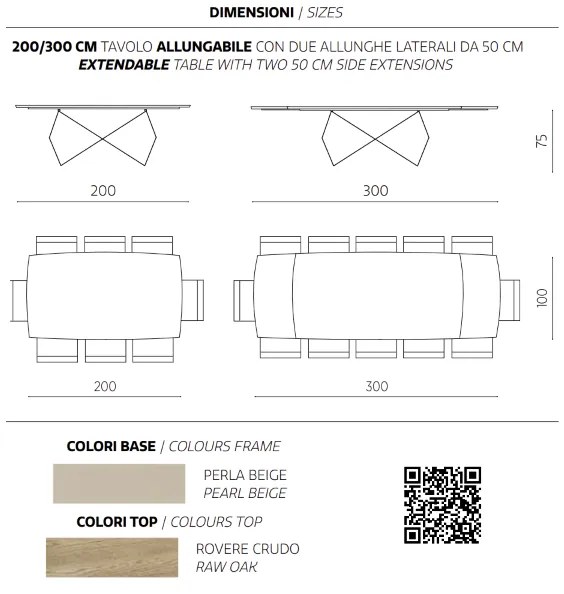 Tavolo allungabile 300 cm con base metallo Beige e piano Rovere Crudo WALL