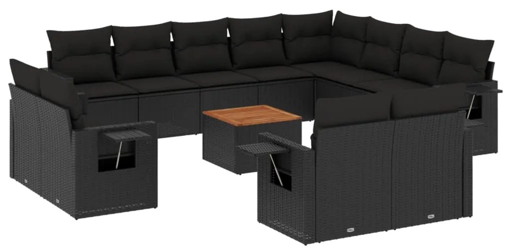 Set divani da giardino 13pz con cuscini nero in polyrattan