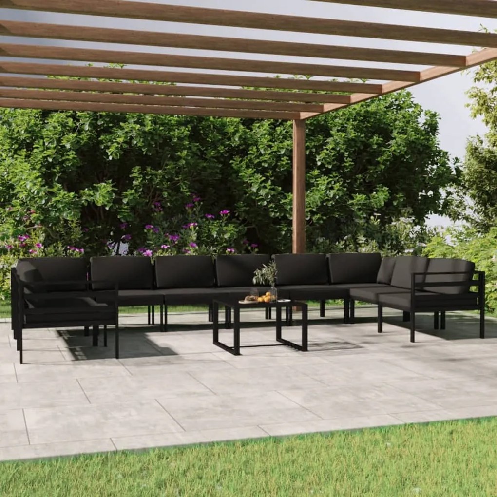 Set divani da giardino 11 pz con cuscini in alluminio antracite