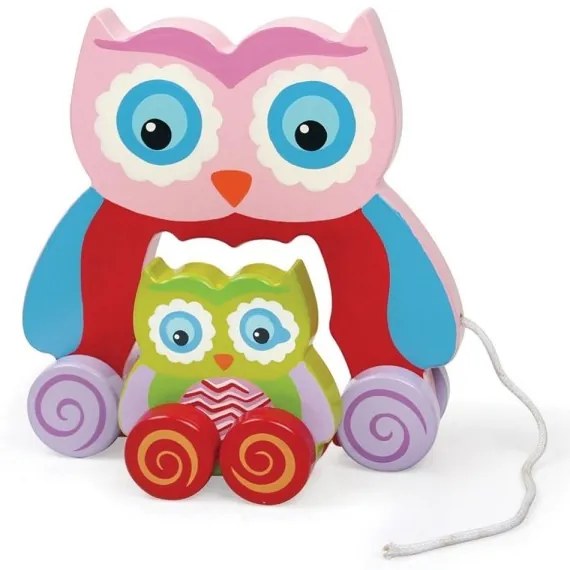 Trade Shop - Gioco Gufetto Legno Trainabile Gufo Giocattolo Per Bambini Da Tirare 18cm Rosa