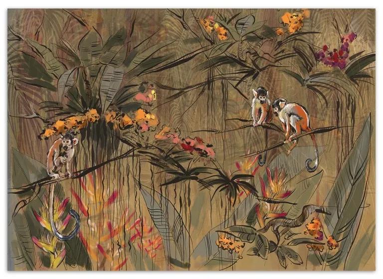 Carta Da Parati, Scimmie nella giungla tropicale Marrone Arancione