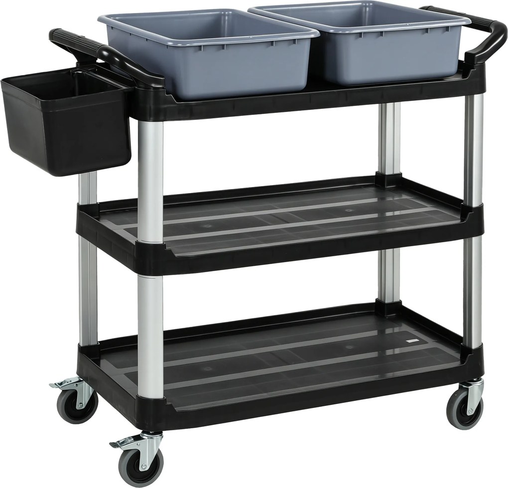 Carrello Pulizie Professionale 115x50x100 cm a 3 Ripiani con 2 Contenitori Rimovibili Bidone Laterale e 4 Ruote in PP Nero...