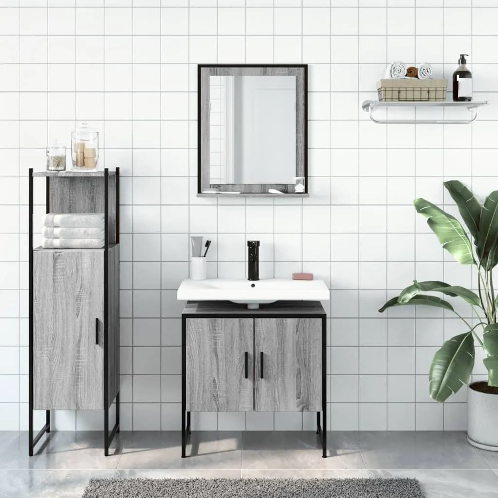 Set mobili da bagno 3 pz grigio sonoma in legno multistrato