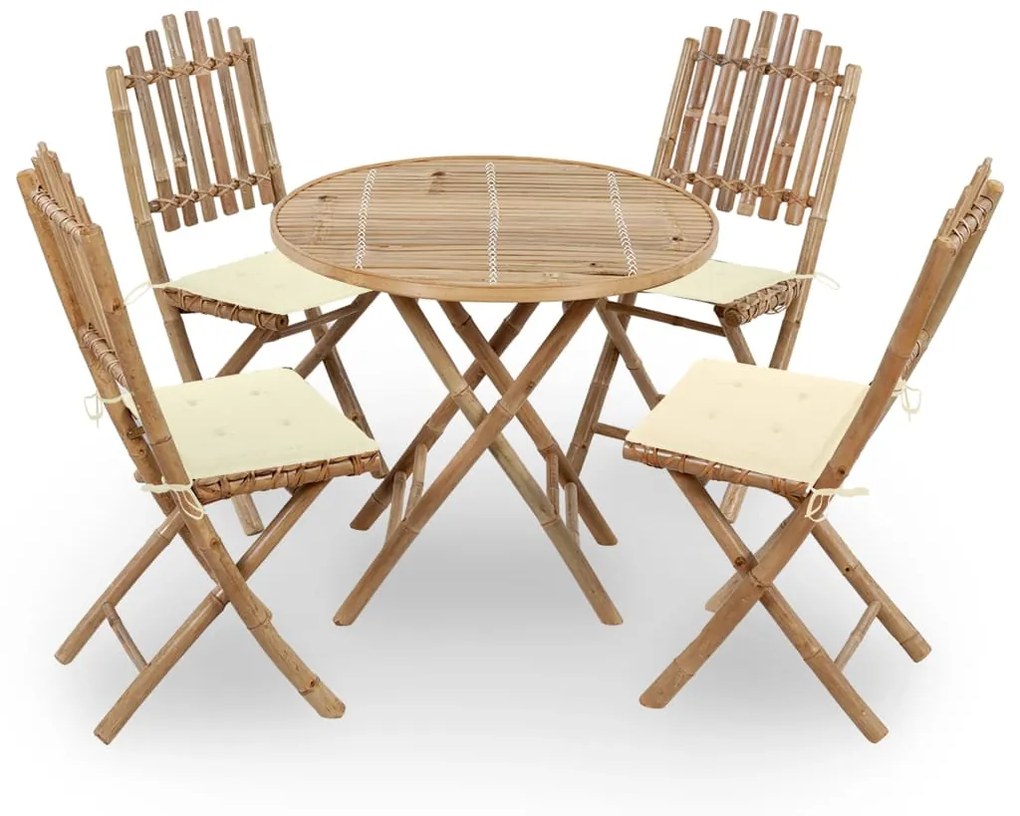 Set Da Pranzo Da Giardino 5 Pz Pieghevole Con Cuscini İn Bambù /